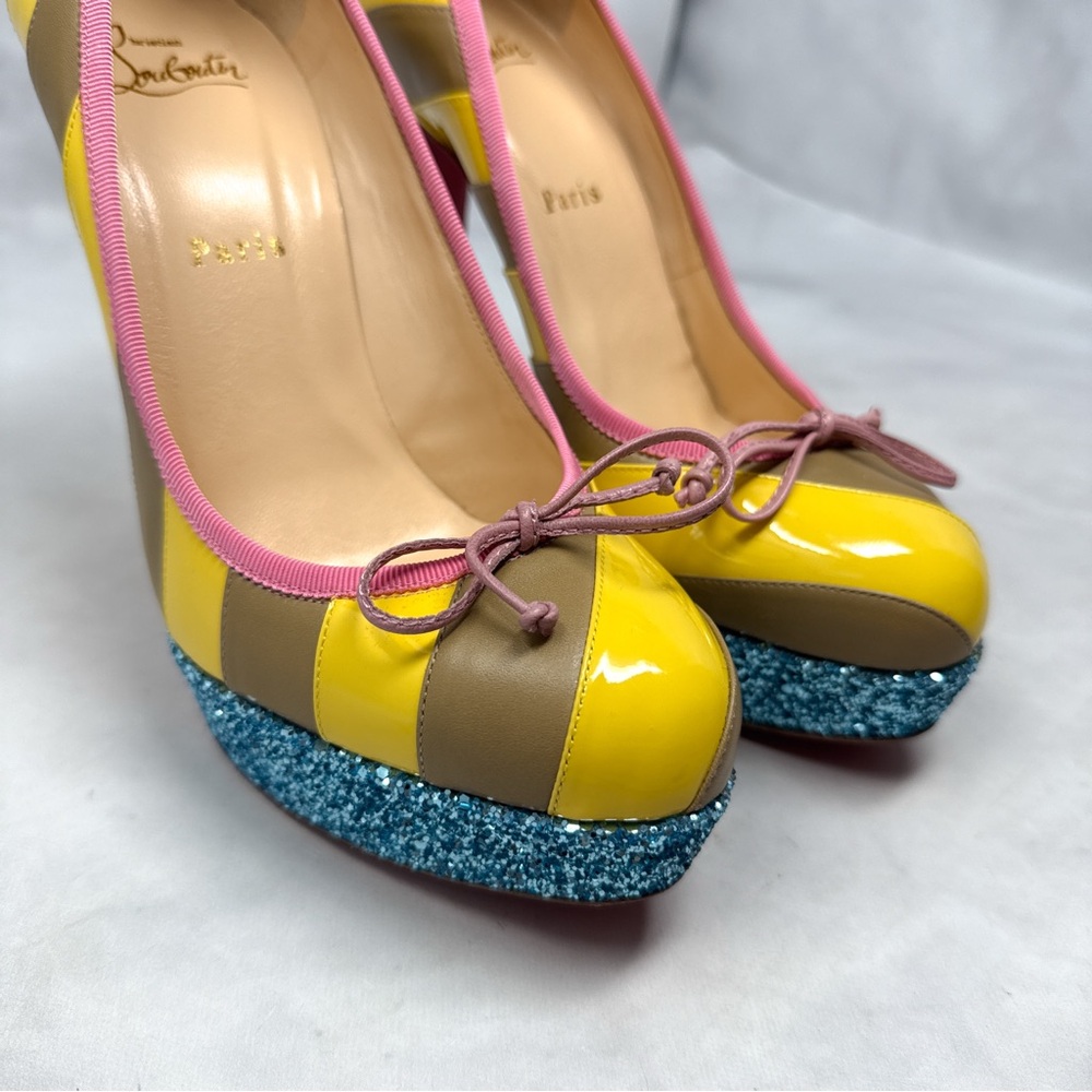 Christian Louboutin Foraine 140 Bow Striped Leather Glitter Platform Pumps Heels - Picture 5 of 16